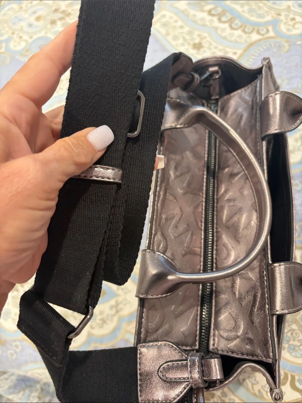 DKNY Metallic Tote Satchel with Black Strap
